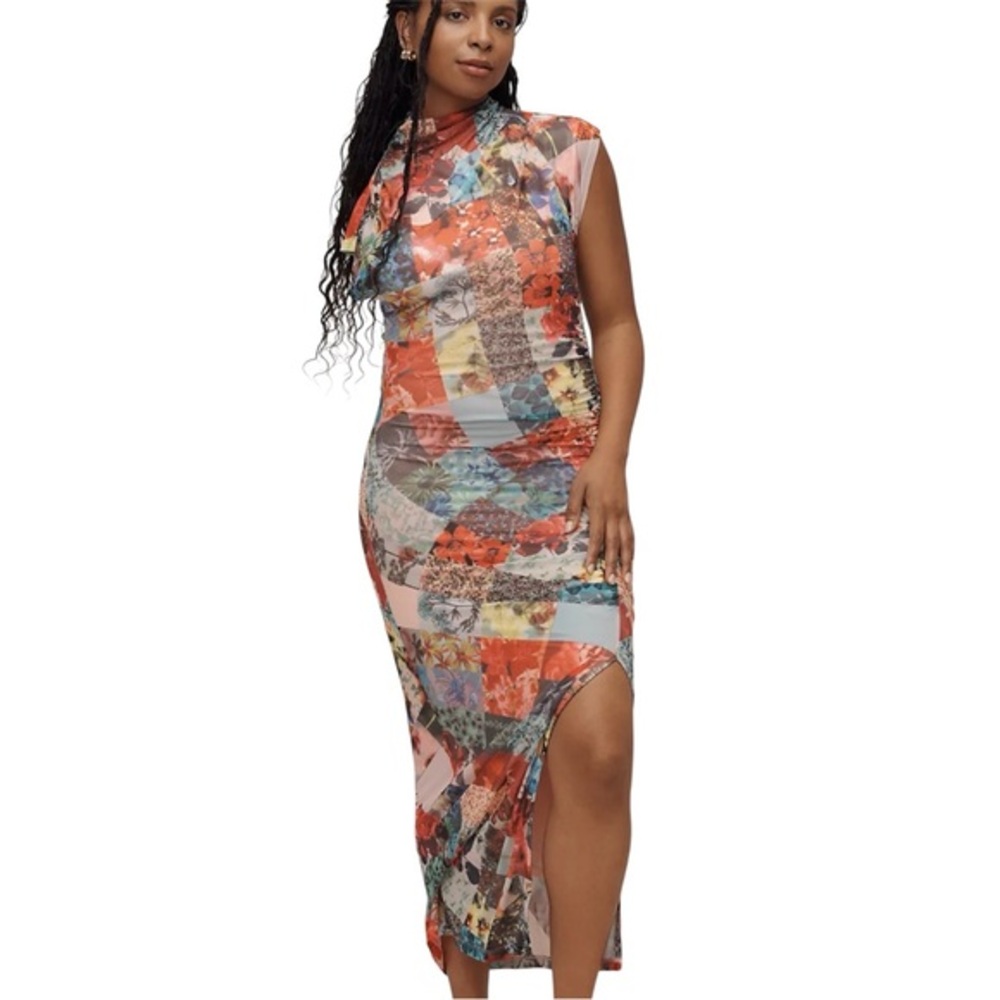 NWT Anthropologie The Maya Ruched Cowl-Neck Dress: Mesh Edition Multicolor (M)
